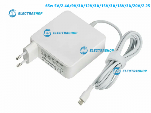 Блок питания для ноутбуков и планшетов Type-C 65w 5V/2.4A/9V/3A/12V/3A/15V/3A/18V/3A/20V/2.25